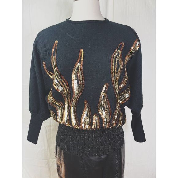 Raphael H Sweaters - Vintage 1980s Deadstock Raphael H Sequin Flame Sweater Size Small